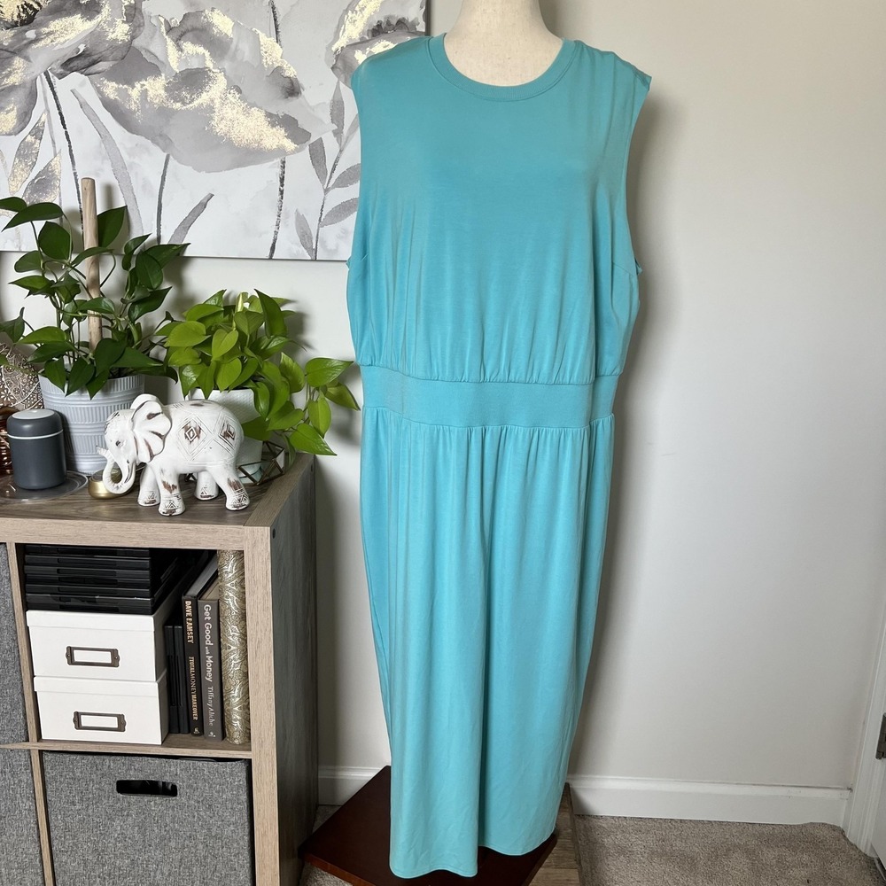 Athleta Santorini Cinch Dress 1X Blue Sleeveless Midi Travel Beach Athleisure